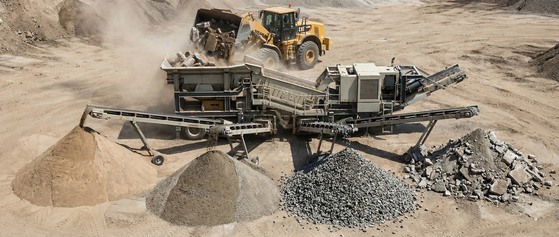 Bauschuttrecycling mit Brecher und Siebanlage Radlader beschickt eine Brechanlage, die Bauschutt in Sand und Schotter sortiert.