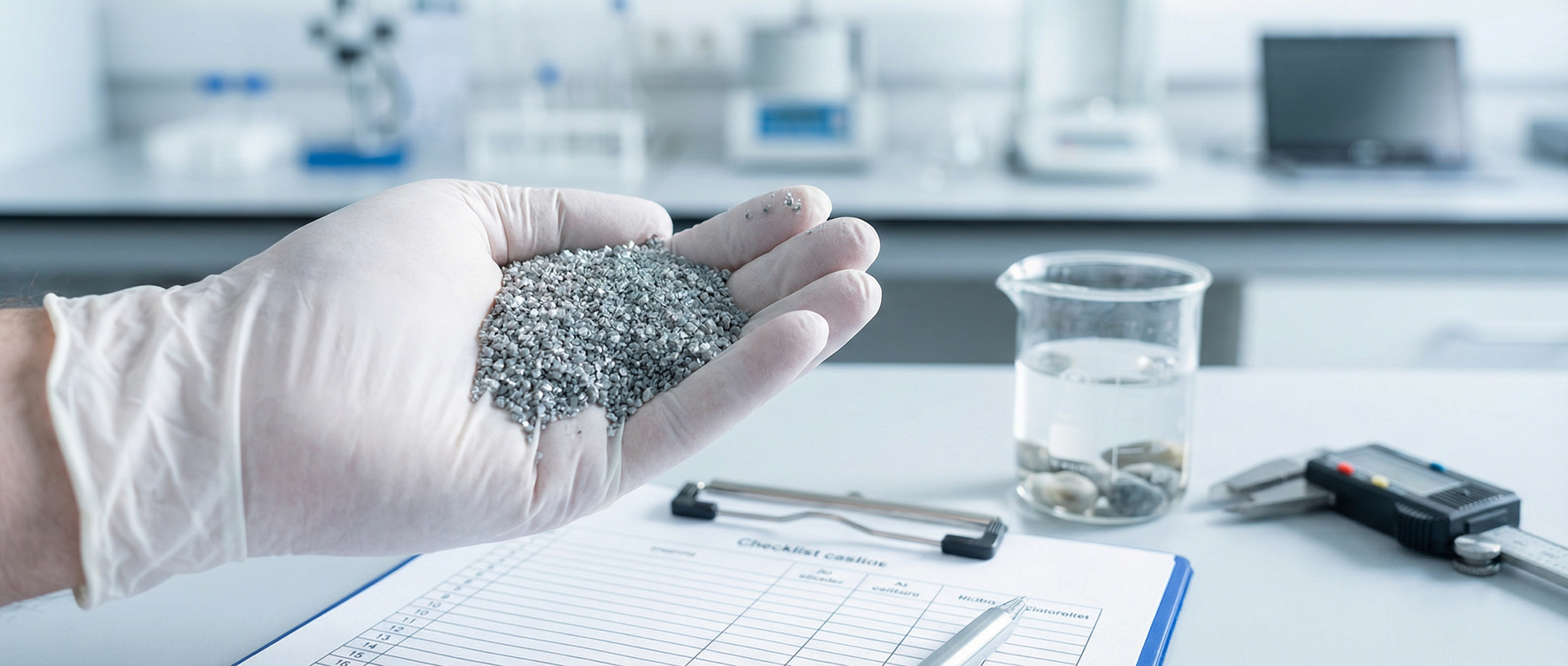 Qualitätssicherung von Recycling-Baustoffen im Labor Eine behandschuhte Hand hält eine Probe von recyceltem Bauschutt in einem Labor zur Qualitätsprüfung.