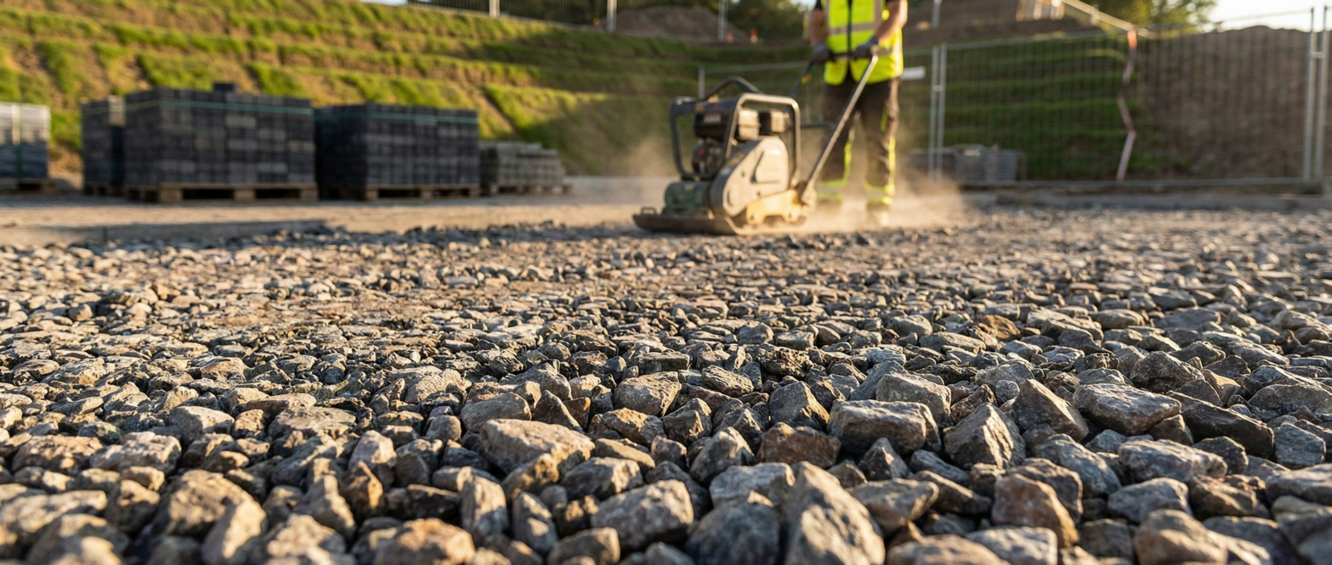 Verdichtung von Recycling-Schotter auf einer Baustelle Bauarbeiter verdichtet eine Tragschicht aus Recycling-Schotter mit einer Rüttelplatte.