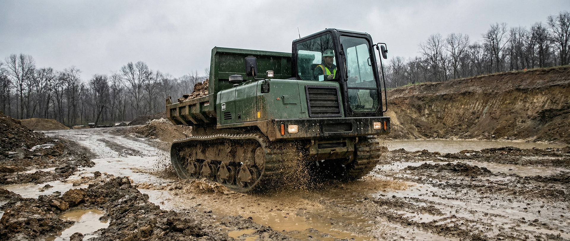 Raupendumper mieten für schlammiges Gelände Ein grüner Raupendumper mit beladener Mulde fährt durch tiefen Schlamm auf einer Baustelle.