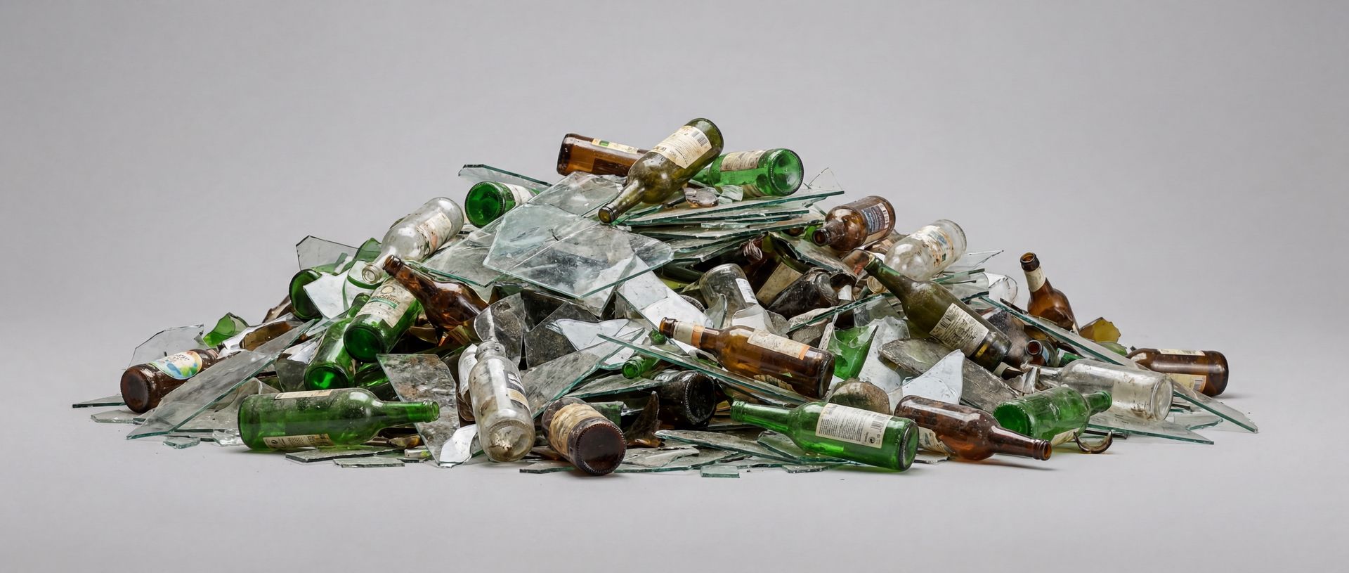 Sortierkriterien für Altglas und Flaschenglas Ein großer Haufen aus zerbrochenem Fensterglas und alten Glasflaschen vor einem grauen Hintergrund.