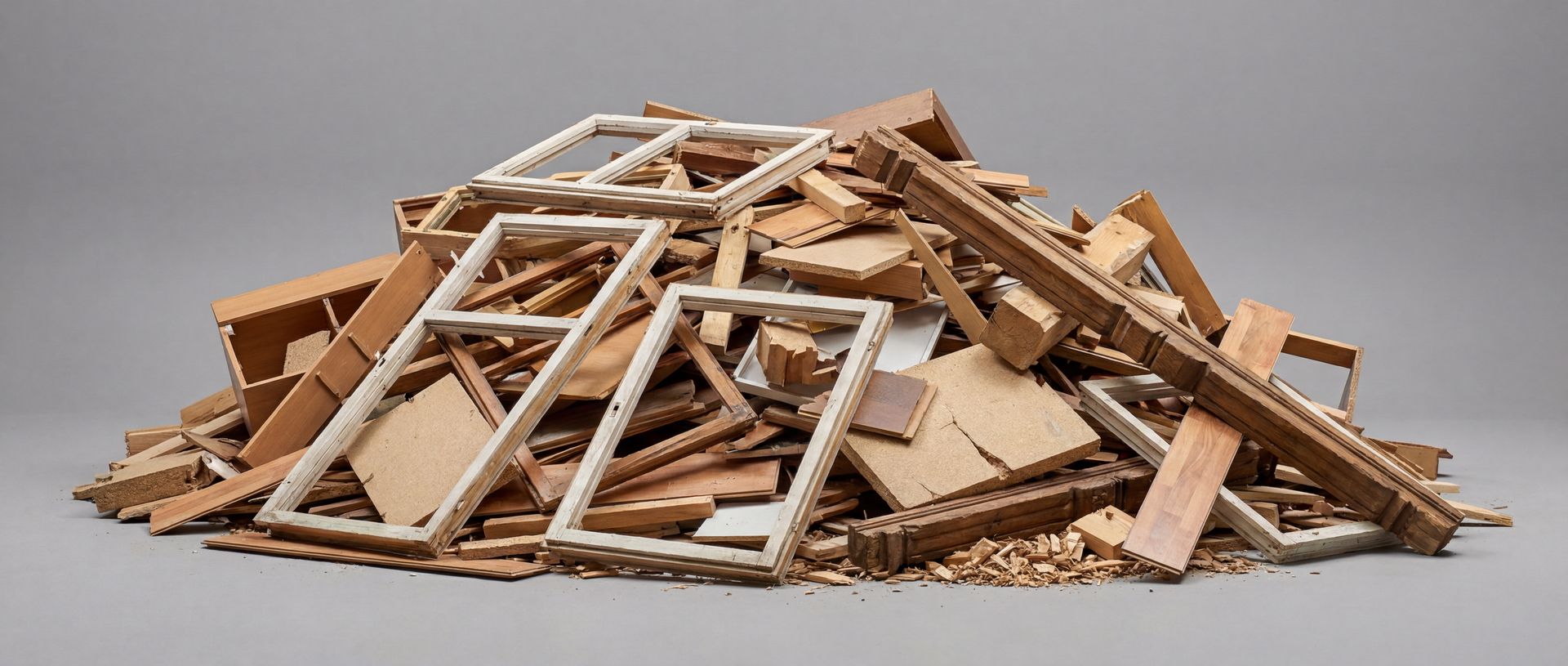 Altholz gemischt (AII/AIII) richtig entsorgen Ein Haufen gemischtes Altholz mit Möbelteilen, Fensterrahmen und Holzbrettern vor grauem Hintergrund.