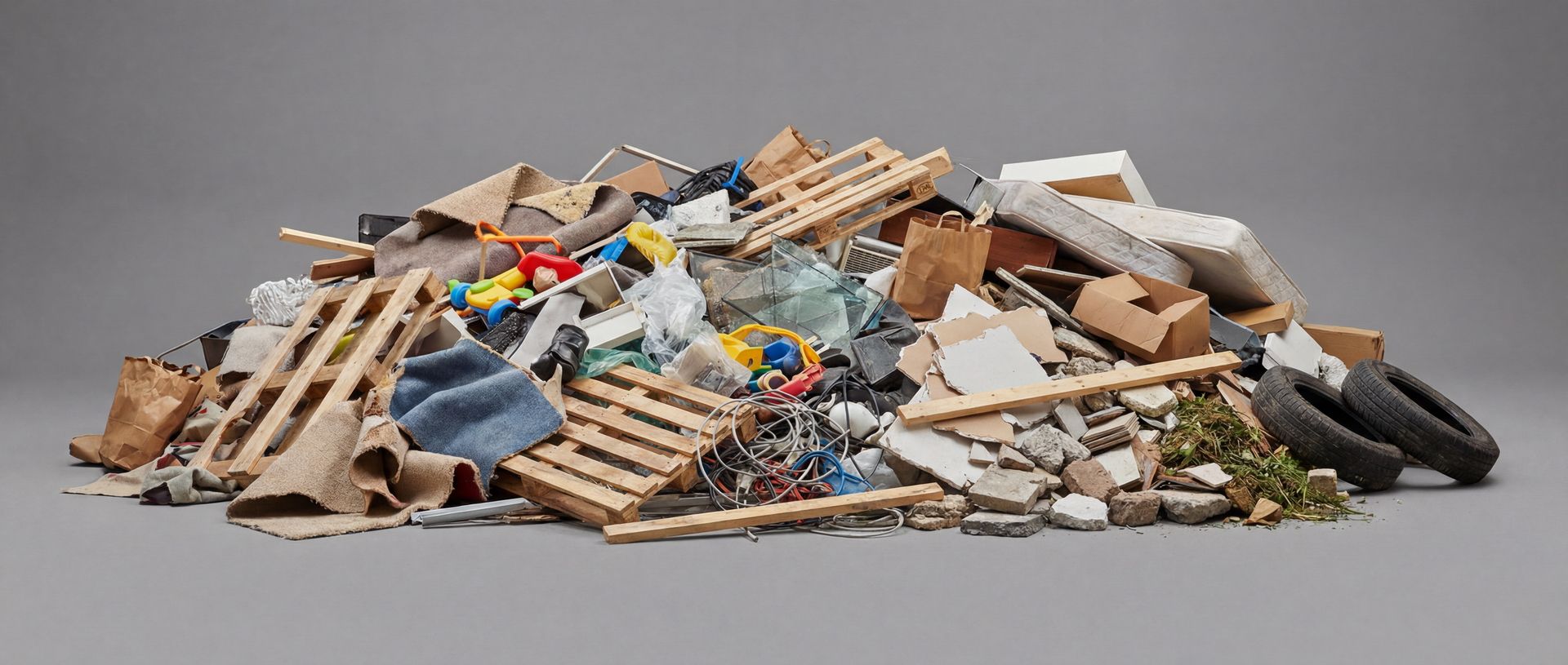 Baumischabfall zur Verwertung richtig entsorgen Verschiedene Abfälle wie Holz, Schutt, Reifen, Kabel und Plastik auf einem großen Haufen.