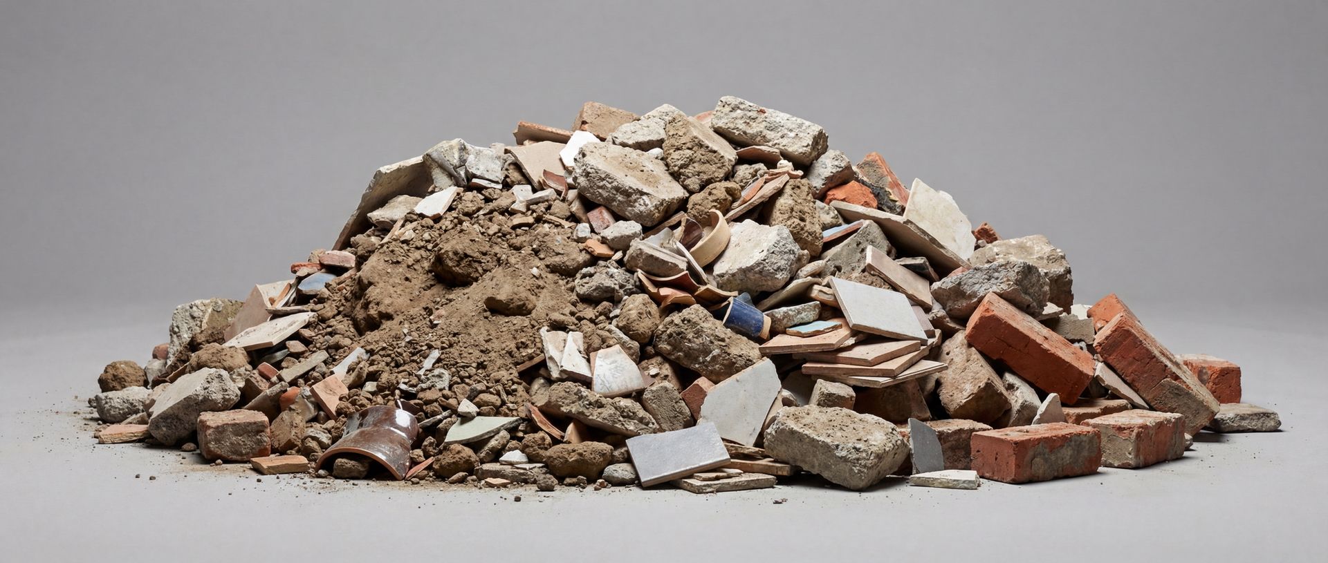 Sortierkriterien für Bauschutt und Baumischabfall Ein Haufen gemischter Bauabfälle mit Ziegeln, Beton, Fliesen und Erde vor grauem Hintergrund.