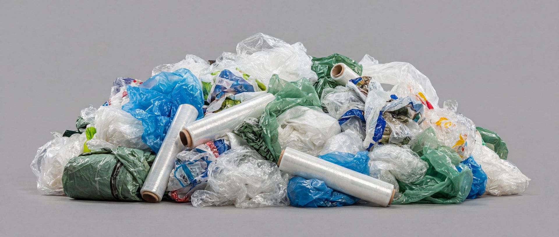 Sortenreine Folien für das Recycling richtig entsorgen Ein Haufen mit verschiedenen Plastikfolien wie Stretchfolie und Verpackungsfolie vor grauem Hintergrund.