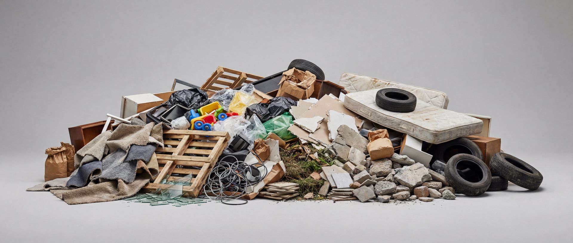 Richtige Entsorgung von Baumischabfällen Ein großer Haufen unsortierter Baumischabfälle mit Holz, Bauschutt, Reifen und einer Matratze.