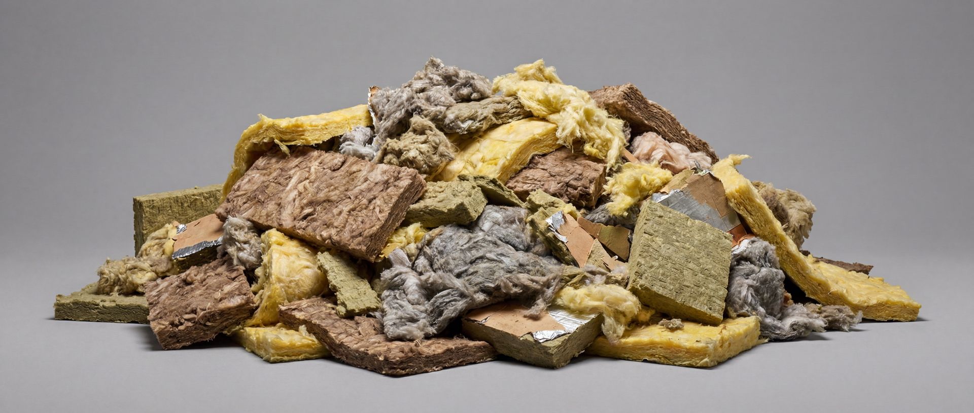 Entsorgung von Mineralfaserabfällen und Dämmmaterial Ein Haufen aus verschiedenen Mineralfaserabfällen wie Glaswolle und Steinwolle zur Entsorgung.