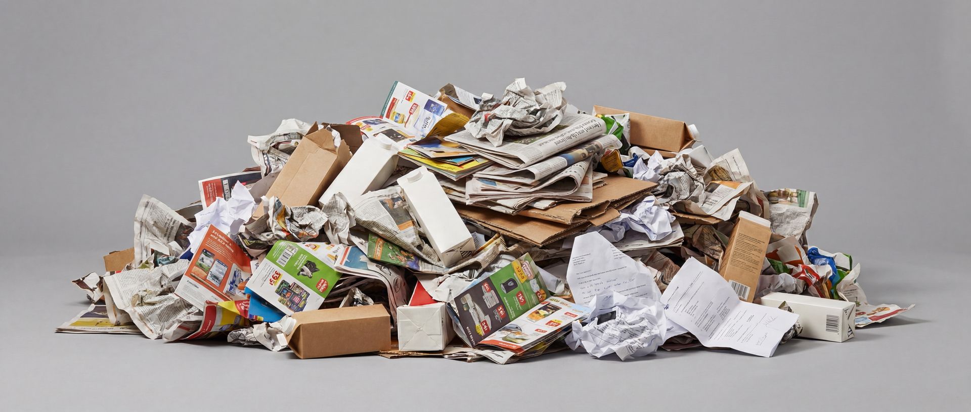 Sortierkriterien für Papier und Pappe Ein großer Haufen gemischten Altpapiers mit Zeitungen, Kartons und zerknülltem Papier.
