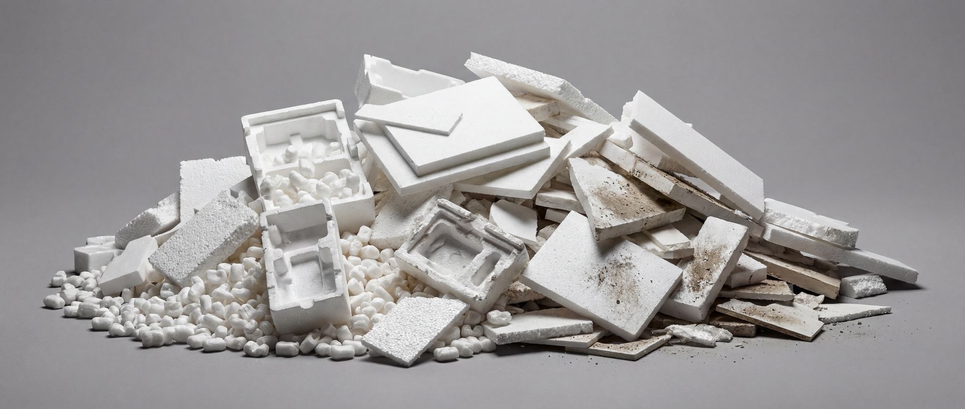 Styropor Abfall fachgerecht entsorgen (AVV 170604) Ein Haufen mit verschiedenen Styropor-Abfällen wie Verpackungen, Füllmaterial und Plattenresten.