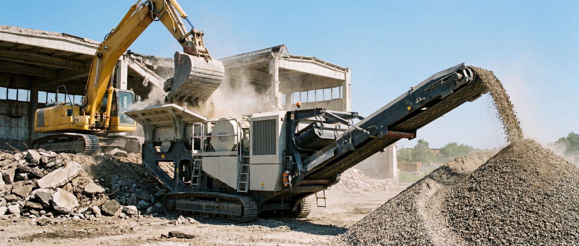 Mobiler Backenbrecher für Bauschuttrecycling mieten Ein Bagger belädt eine mobile Brechanlage mit Bauschutt, die diesen zu Schotter verarbeitet.