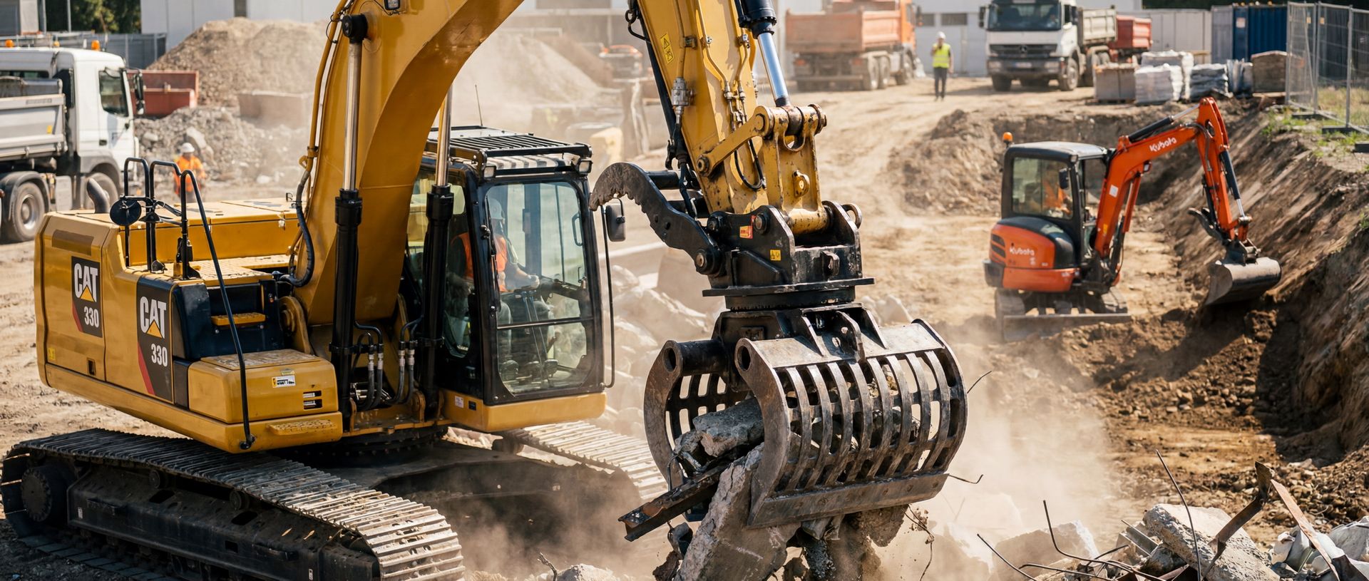 Bagger mit Sortiergreifer für Abbrucharbeiten mieten Gelber Kettenbagger mit Greifer sortiert Bauschutt, im Hintergrund arbeitet ein Minibagger.