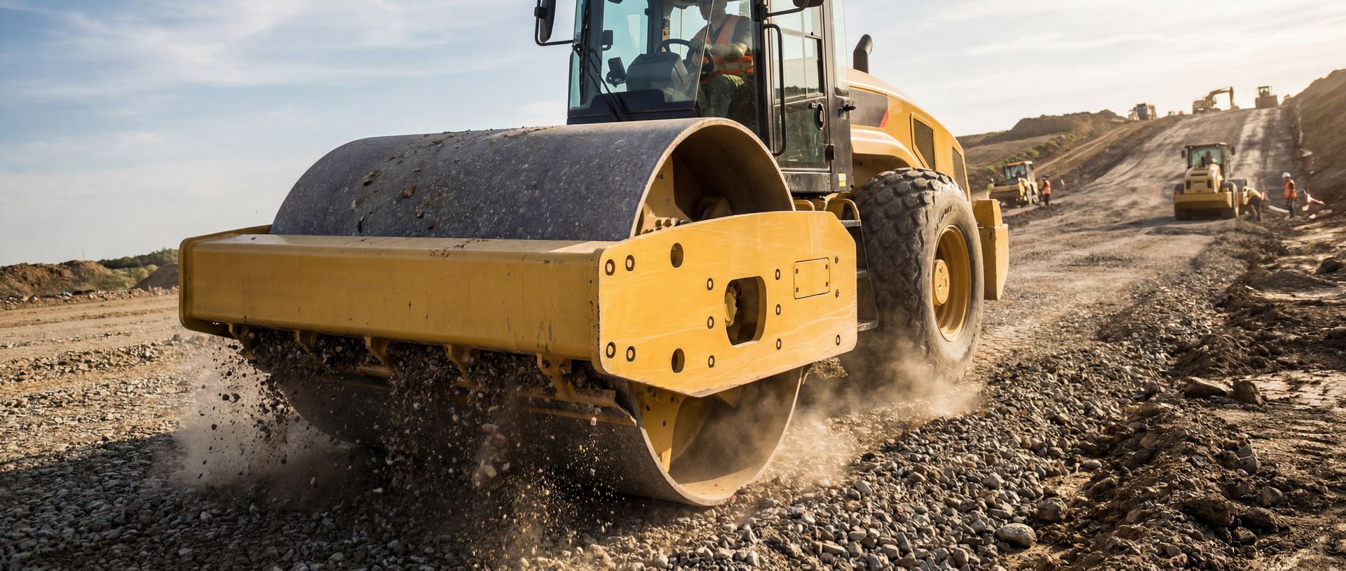 Walzenzug mieten für professionelle Bodenverdichtung Ein gelber Walzenzug verdichtet eine Schotterstraße auf einer großen Baustelle bei sonnigem Wetter.