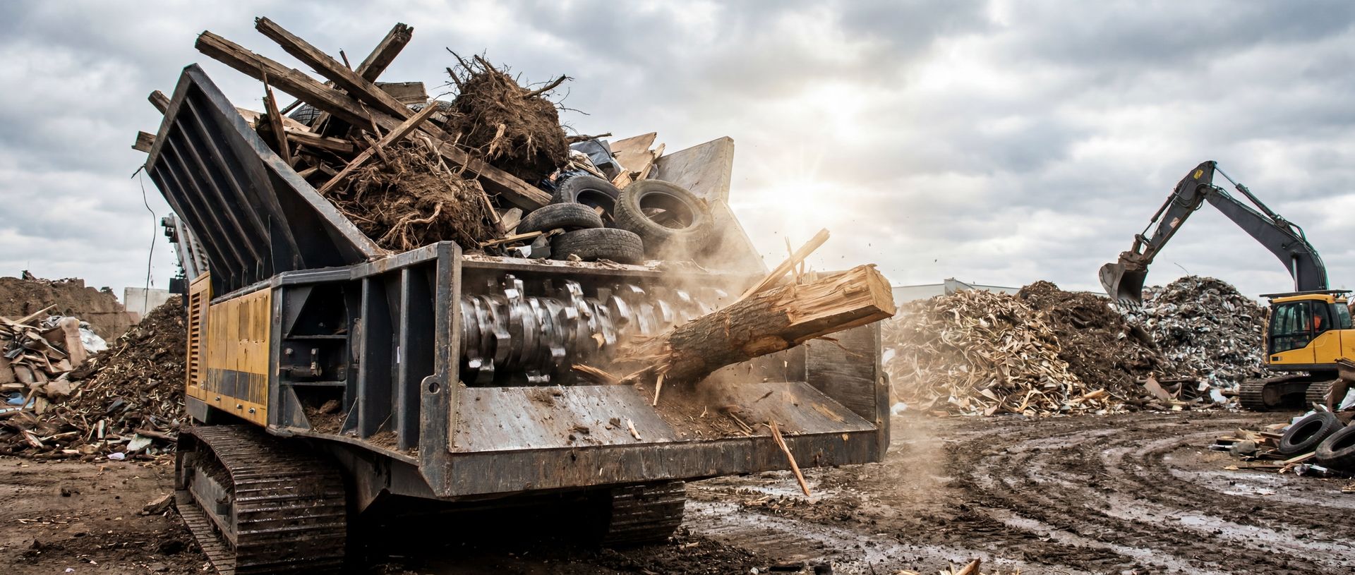Zweiwellenschredder mieten für Altholz & Bauabfall Ein mobiler Zweiwellenschredder zerkleinert einen dicken Baumstamm auf einer Recycling-Baustelle.