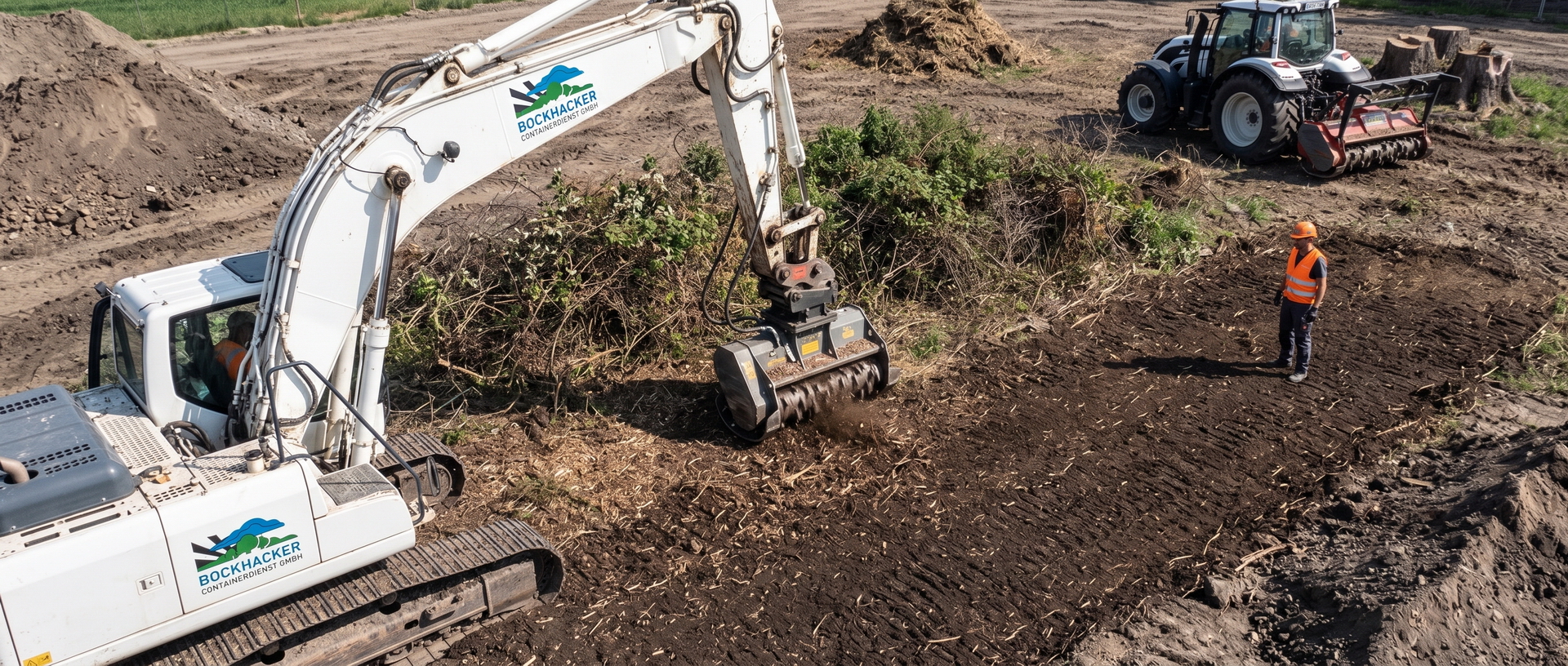 Professionelle Baufeldfreimachung mit Bagger und Mulcher Bagger mit Mulchkopf bei der Baufeldfreimachung, ein Bauarbeiter in Warnweste schaut zu.